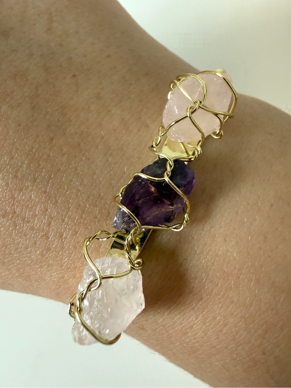 Gold Wire-Wrapped Rose Quartz & Amethyst Bracelet